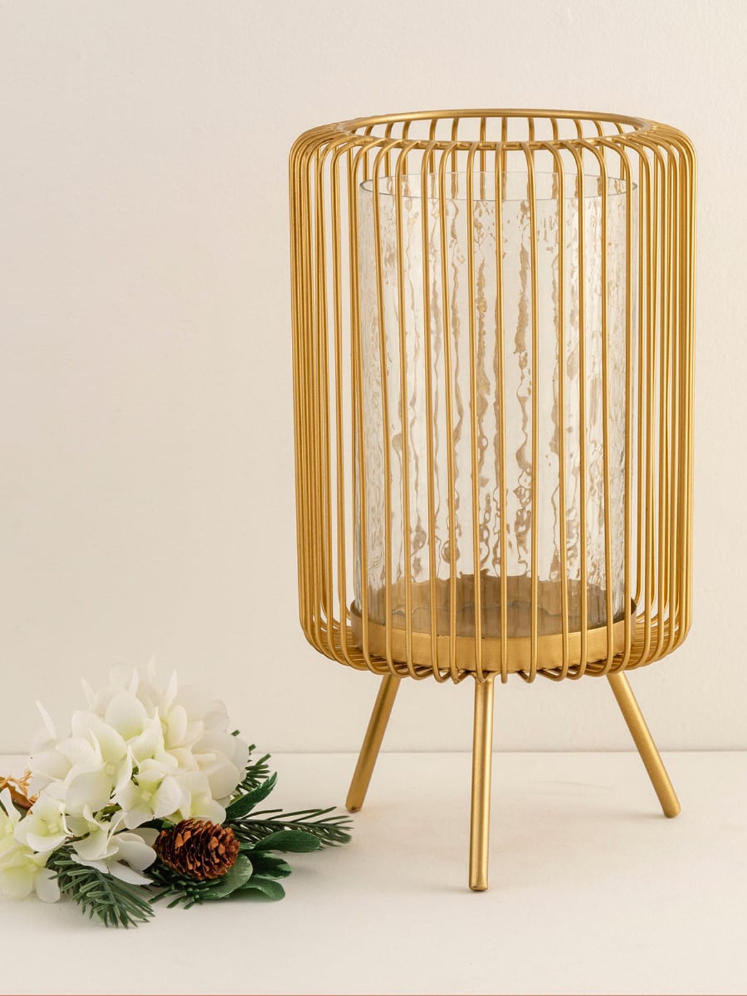

Home Centre Gold-Toned & Transparent Solid Wired Hurricane Candle Holder