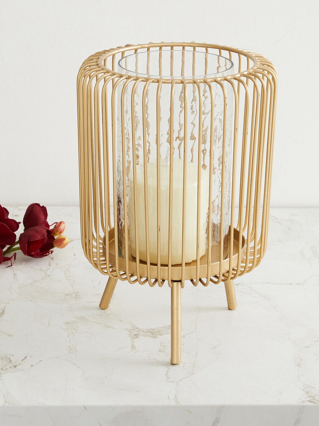 

Home Centre Gold-Toned & Transparent Wired Hurricane Candle Holder With Glass