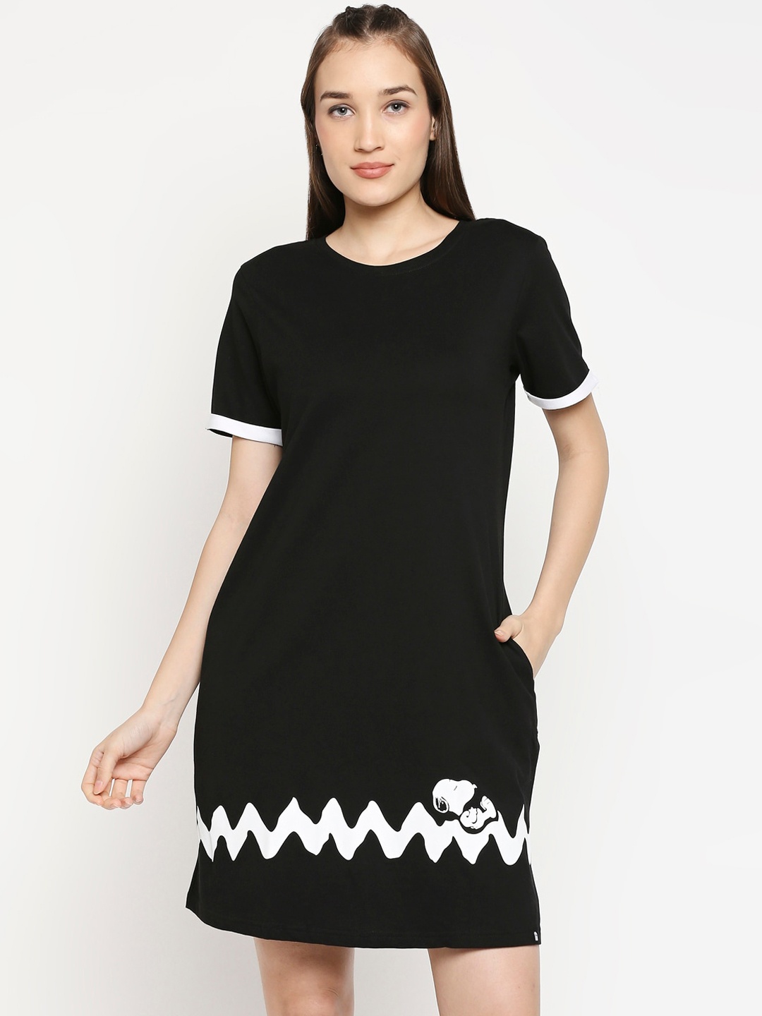 

The Souled Store Women Black & White Pure Cotton Sleepy Snoopy Printed T-shirt Dress