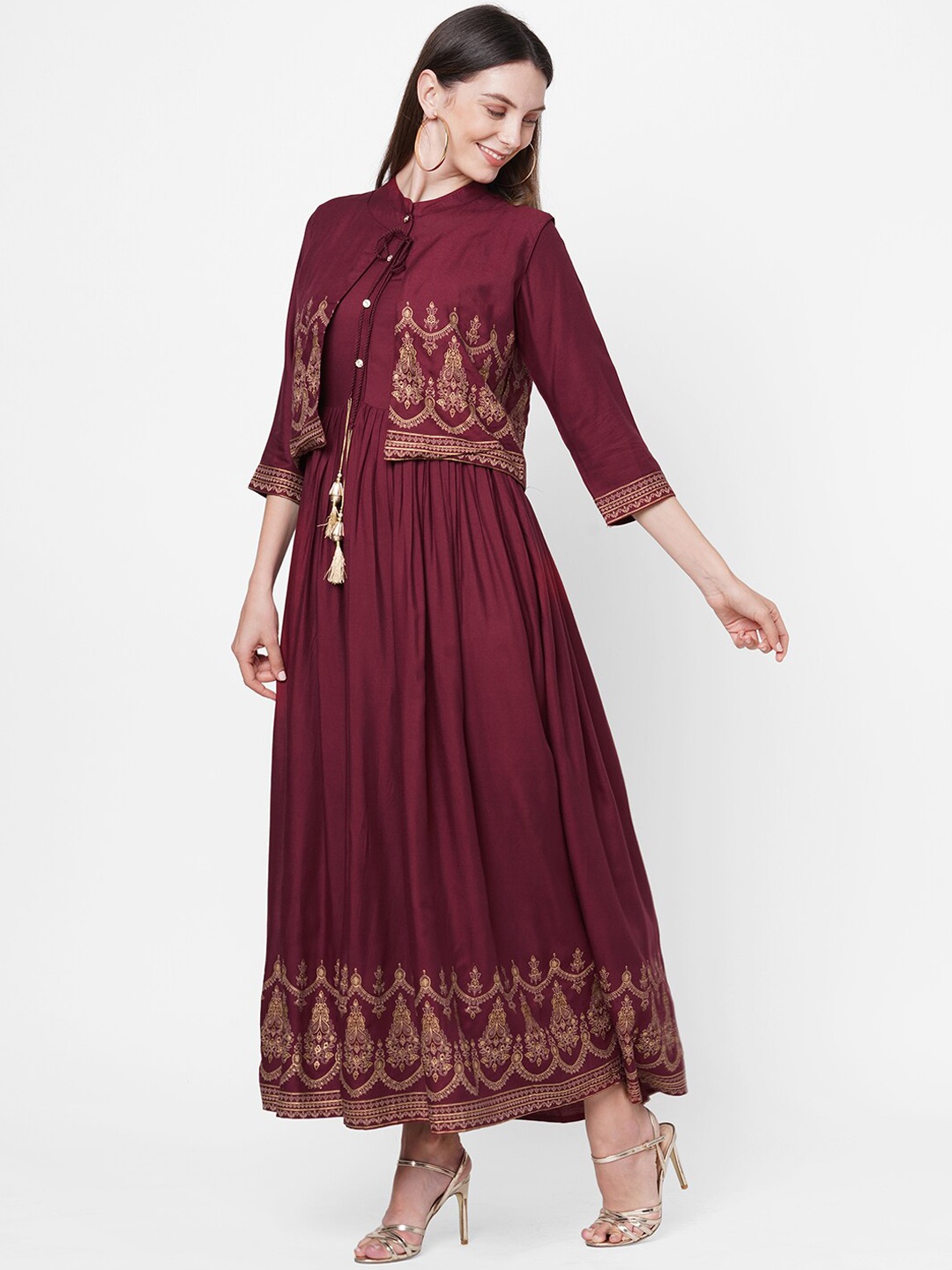 

FASHOR Women Maroon and Gold Net Ethnic Motifs Printed Empire Maxi Dress