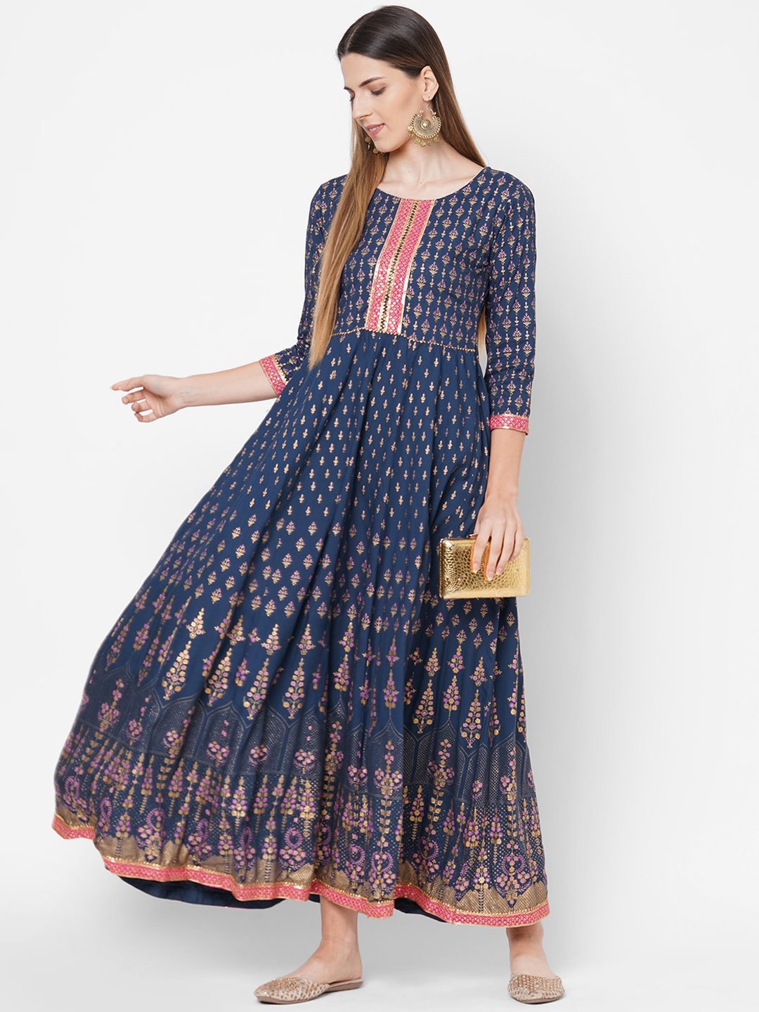

FASHOR Women Navy Blue & Gold-Toned Foil Printed Maxi Dress