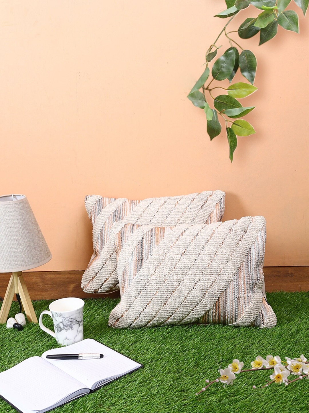 

ROMEE Off White & Grey Set of 2 Striped Rectangle Cushion Covers