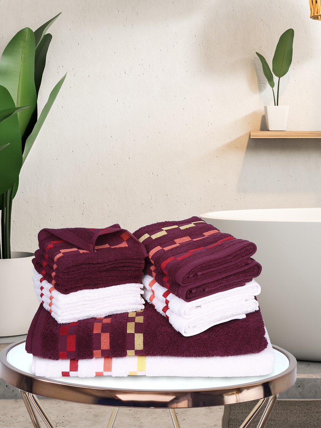 

BIANCA Set Of 14 White & Burgundy Solid Pure Mercerized Combed Cotton 450 GSM Towels