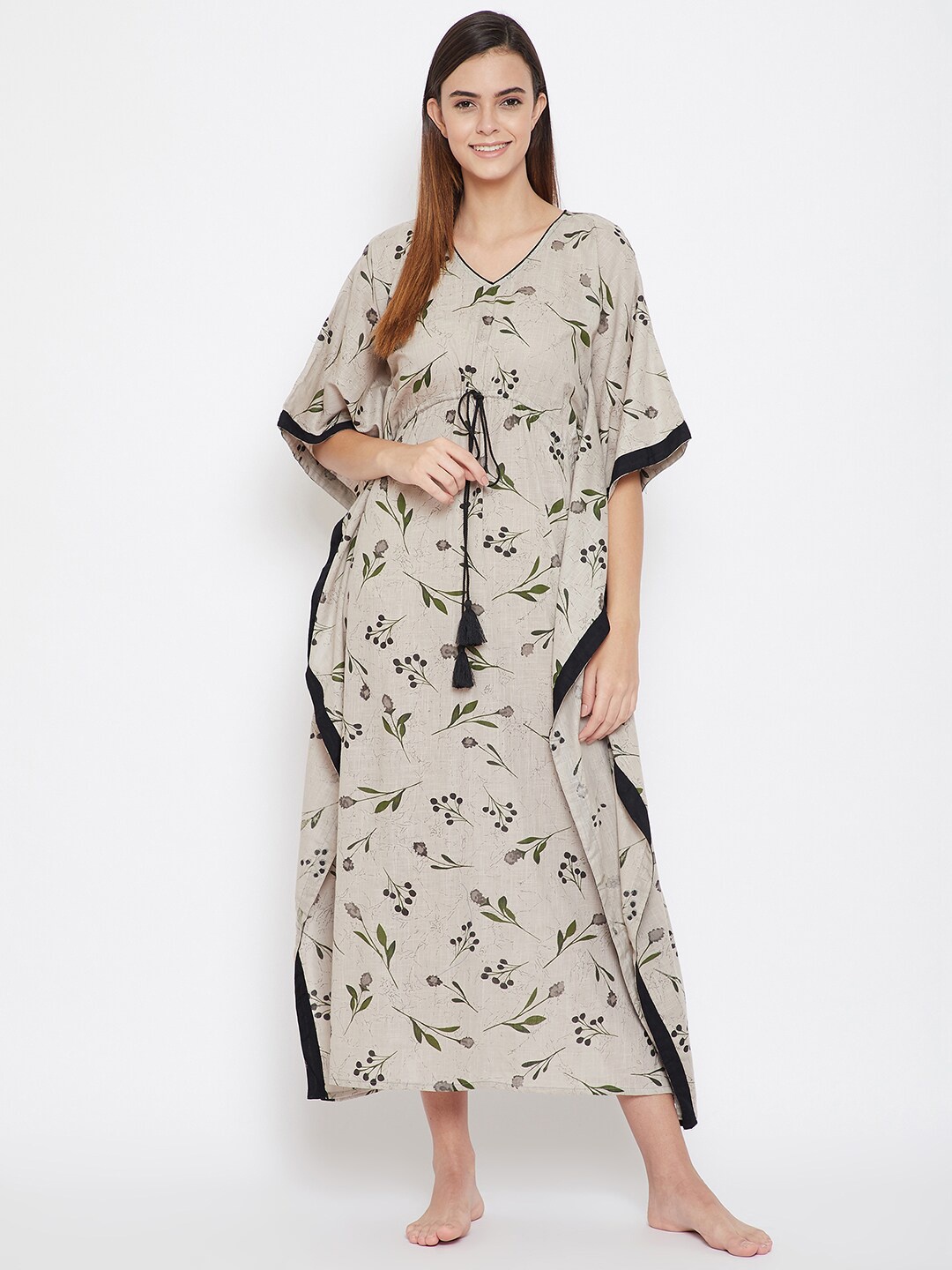 

The Kaftan Company Women Grey Printed Maxi Nightdress