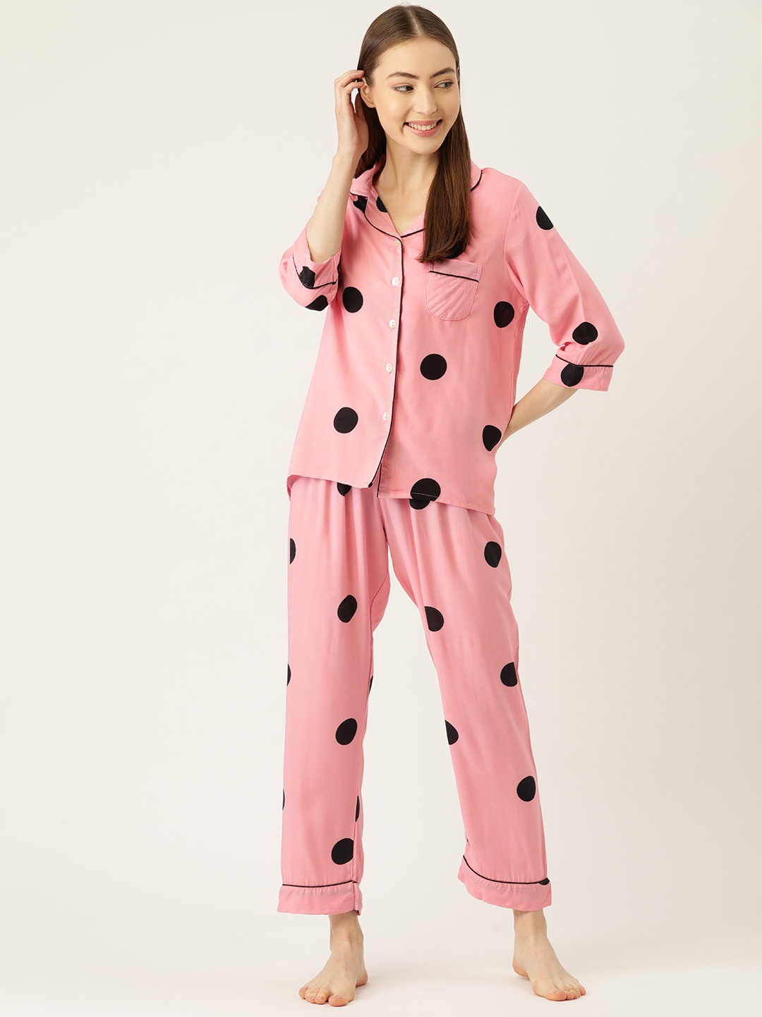 

Sweet Dreams Women Pink & Black Polka Dot Printed Pyjama Set