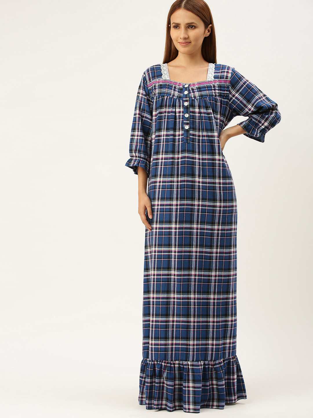 

Sweet Dreams Women Navy Blue Checked Maxi Nightdress