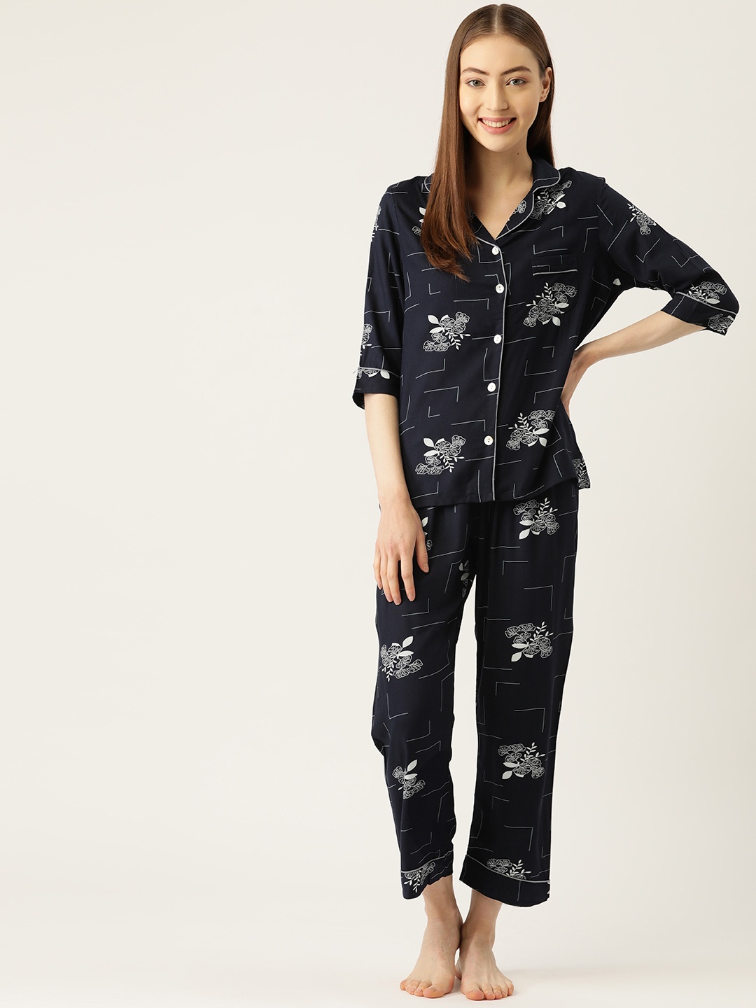 

Sweet Dreams Women Navy Blue & White Floral Printed Night suit