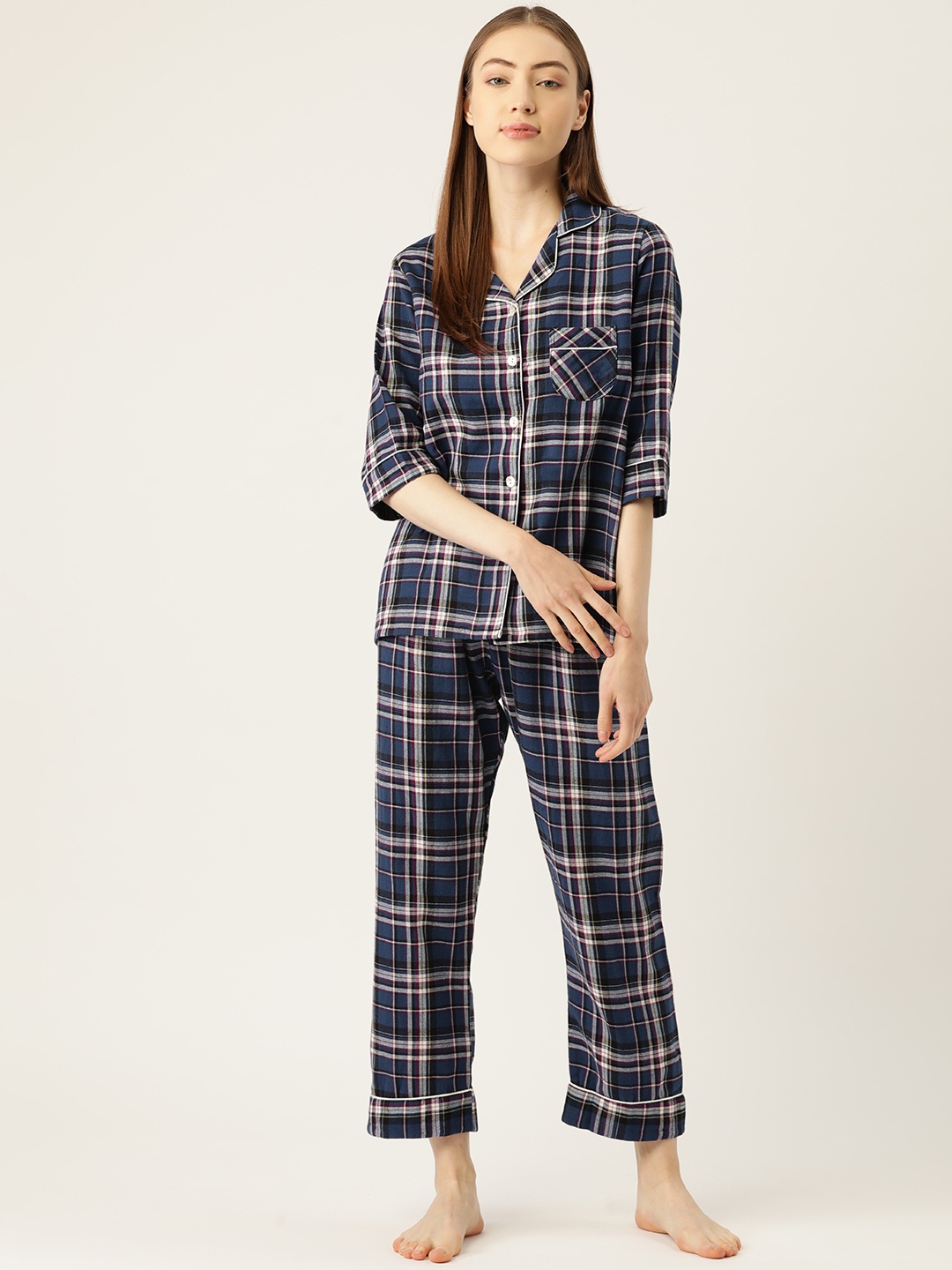 

Sweet Dreams Women Navy Blue & White Pure Cotton Checked Pyjama Set