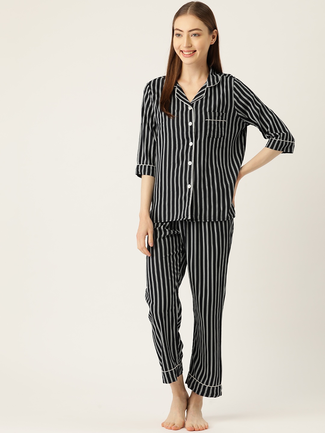

Sweet Dreams Women Black & White Striped Night suit