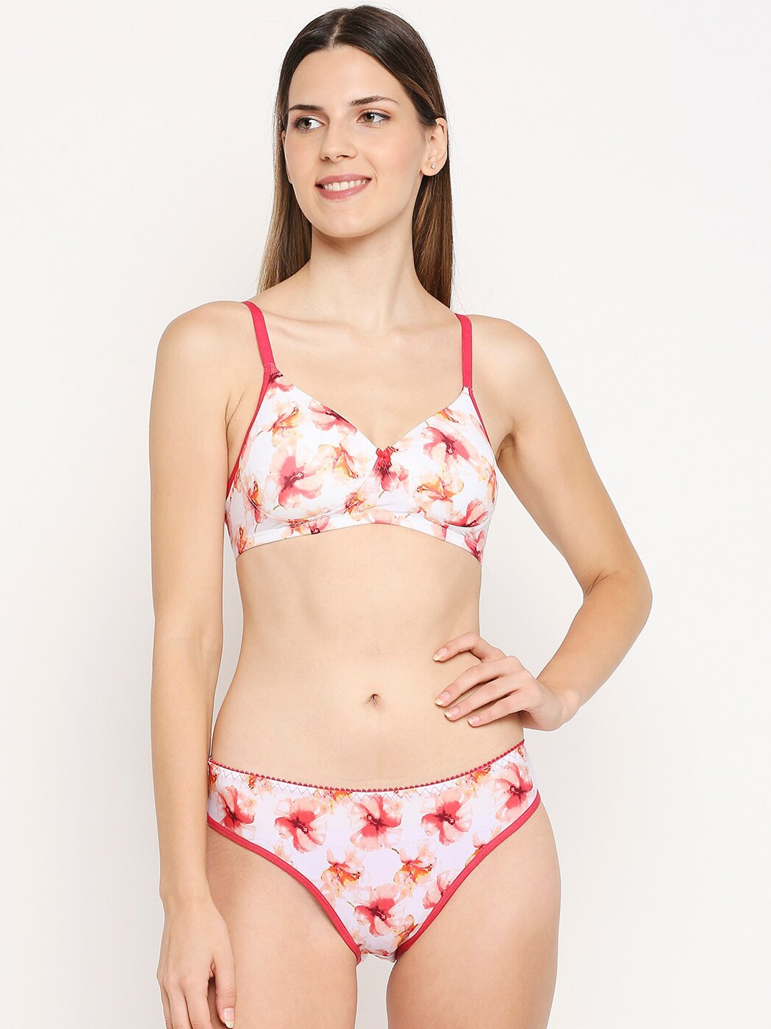 

Lady Love White & Rose Pink Floral Printed Lingerie Set LLSET9005