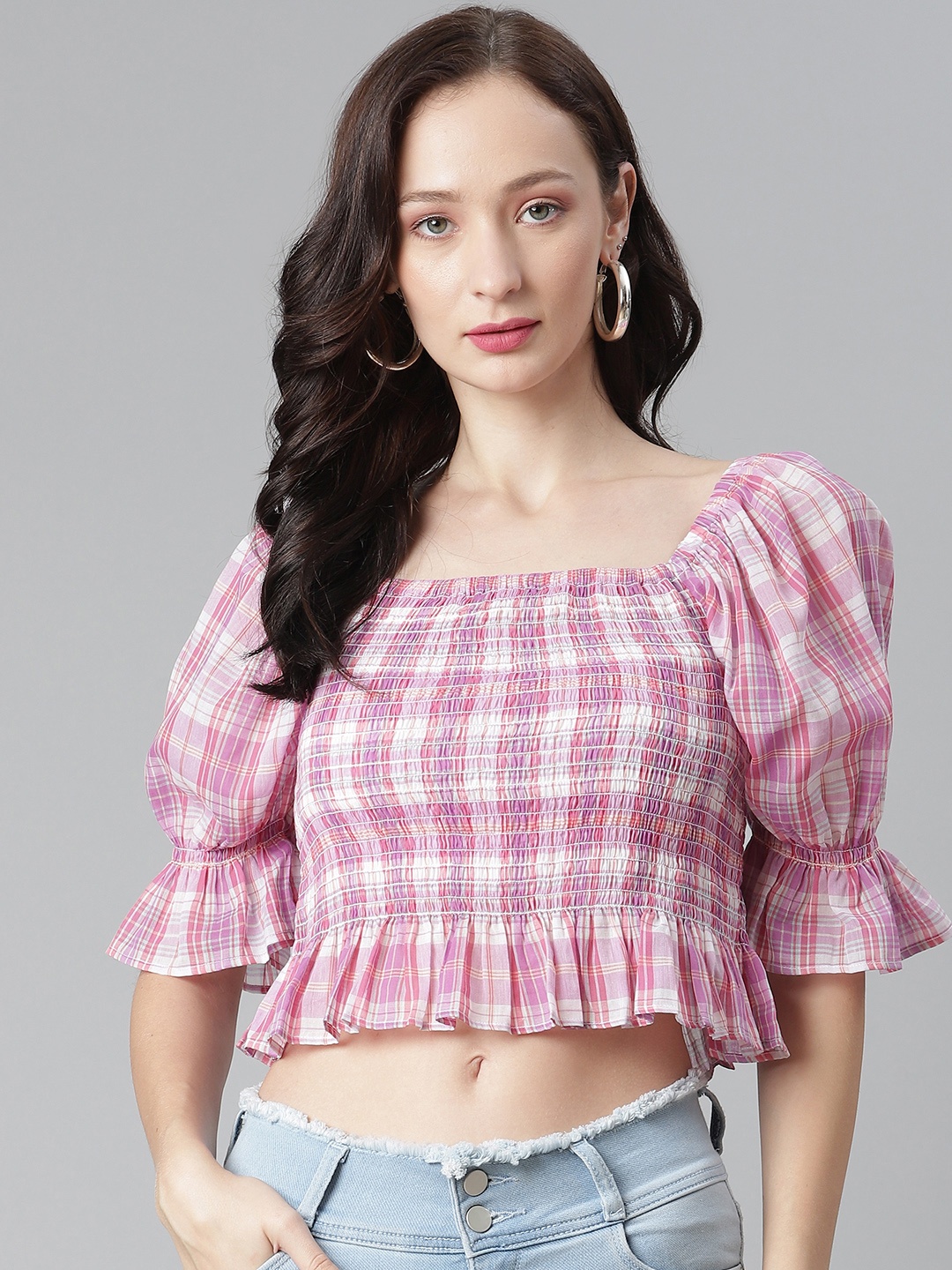 

Purple State Pink & White Cotton Checked Puff Sleeve Smocked Regular Crop Top