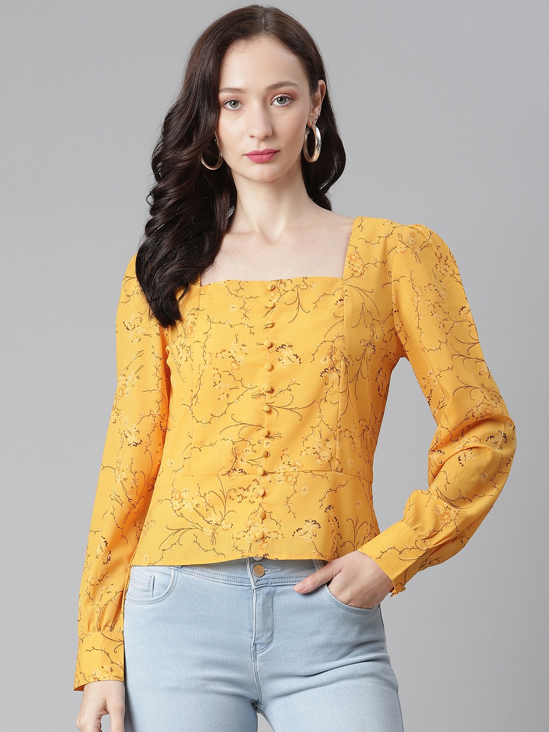 

Purple State Mustard Yellow & Black Floral Puff Sleeve Regular Top