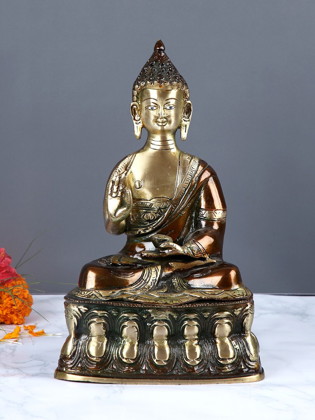 

Aapno Rajasthan Brown & Gold-Toned Brass Buddha Showpiece