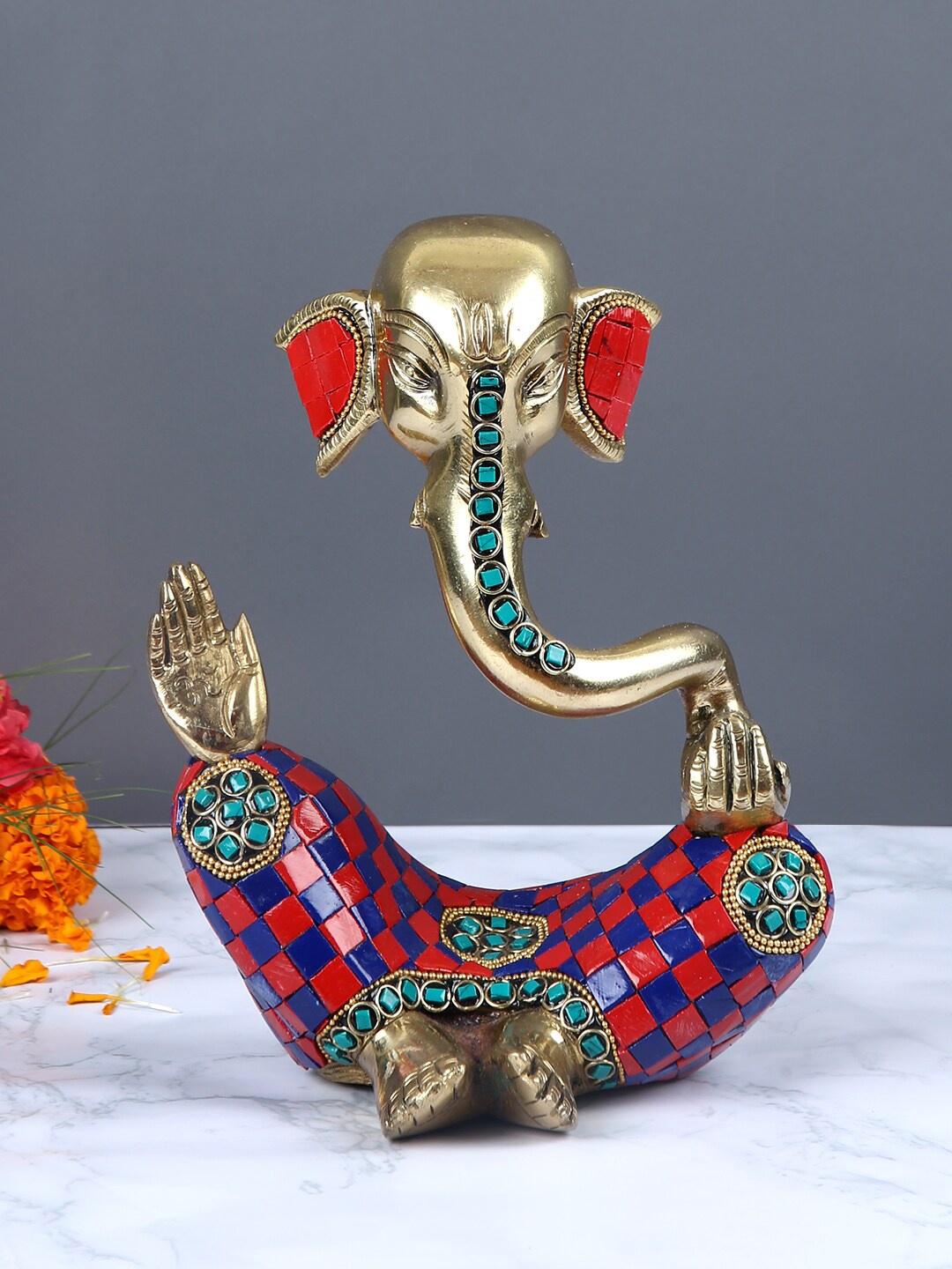 

Aapno Rajasthan Gold-Toned & Red Brass Abstract Ganesha Showpiece