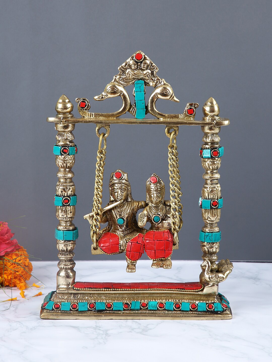 

Aapno Rajasthan Gold-Toned & Red Handcrafted Radha Krishna on Swing Statue