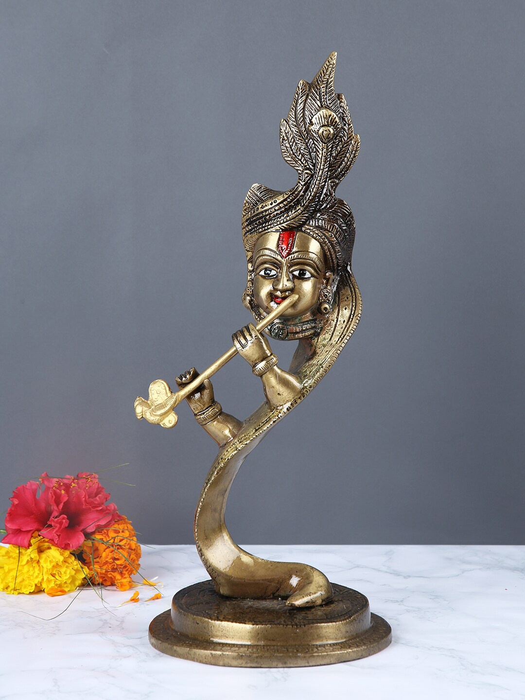 

Aapno Rajasthan Brown & Gold-Toned Krishna Floating Brass Statue Showpiece