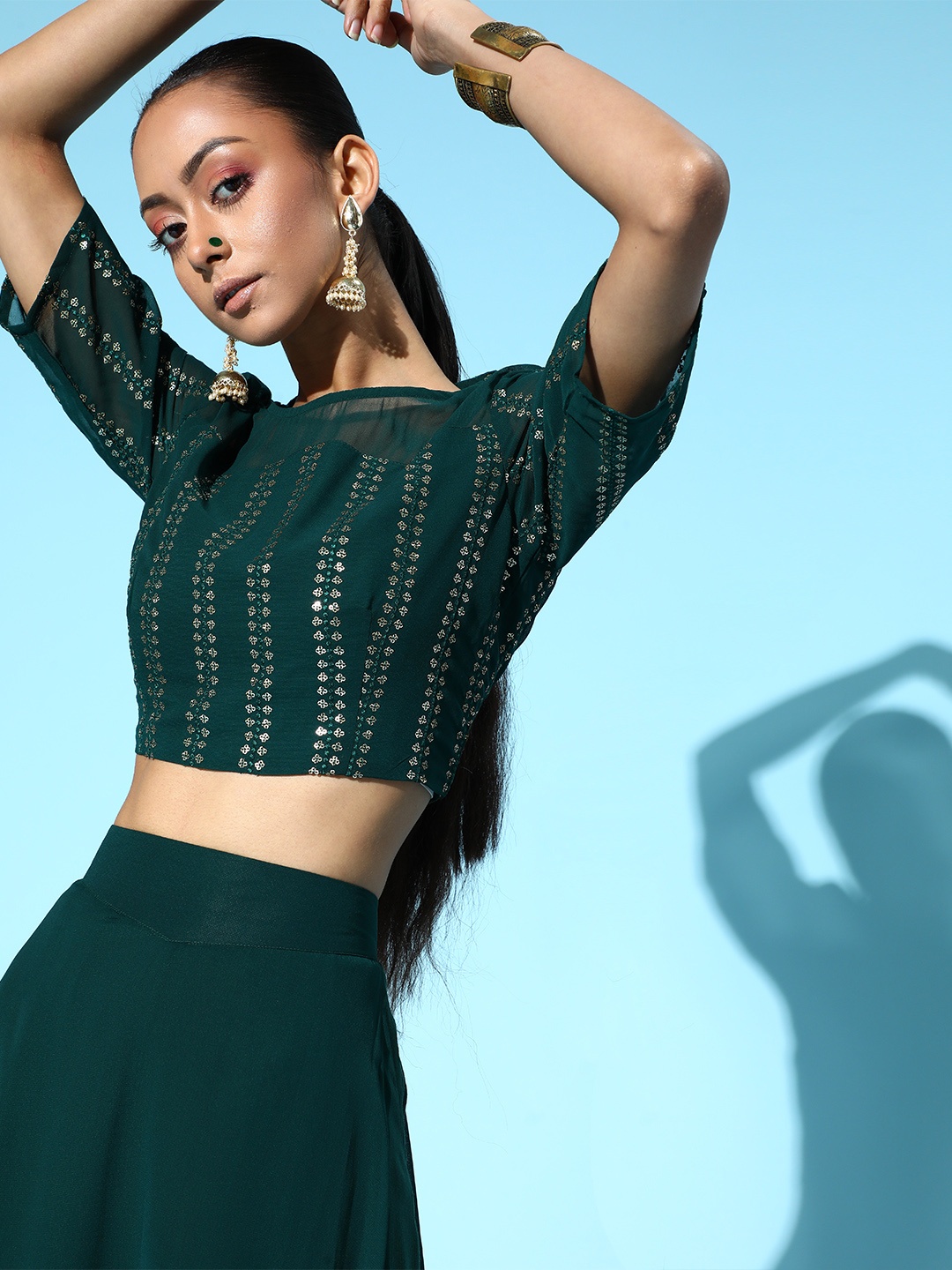 

Juniper Enchanting Green Embellished Crop Top with Solid Palazzos