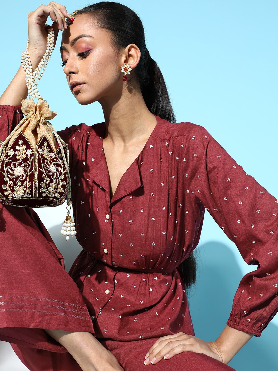 

Juniper Classic Burgundy Embellished Top with Solid Palazzos