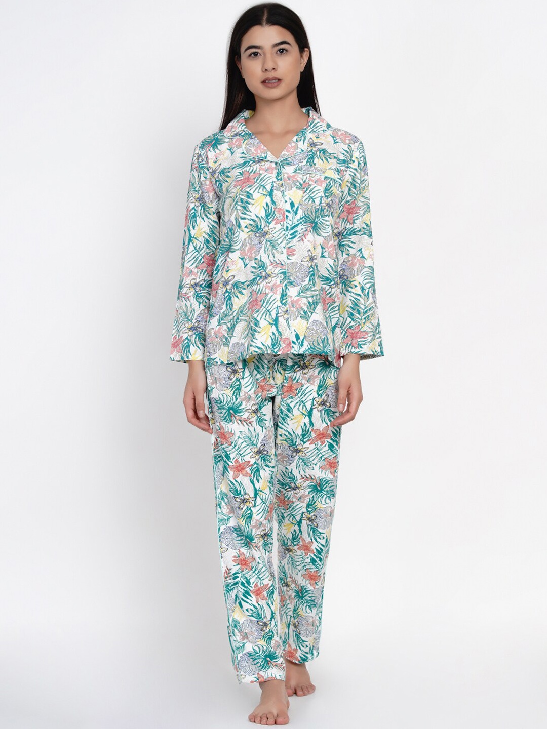 

IX IMPRESSION Women White & Sea Green Printed Night suit