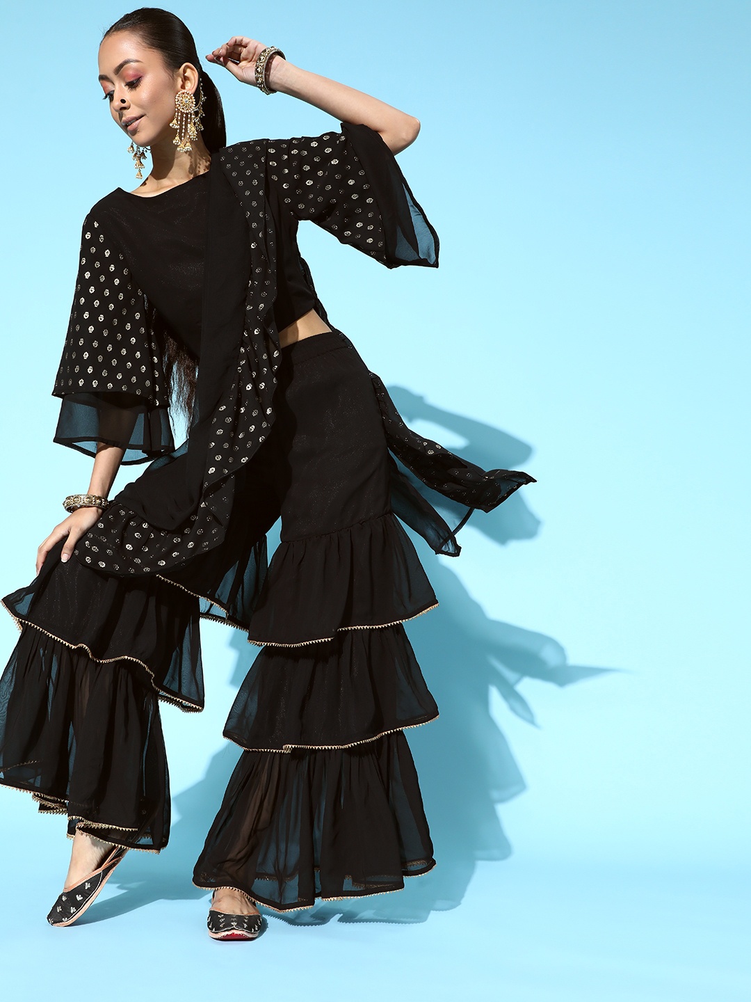 

Juniper Deep Black and Gold Printed Top with Printed Skirt