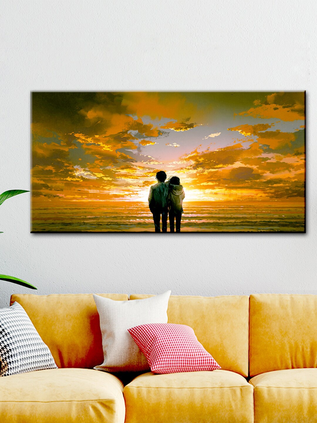 

WALLMANTRA Orange & Green Couple Watching Sunset Scenery Canvas Printed Painting