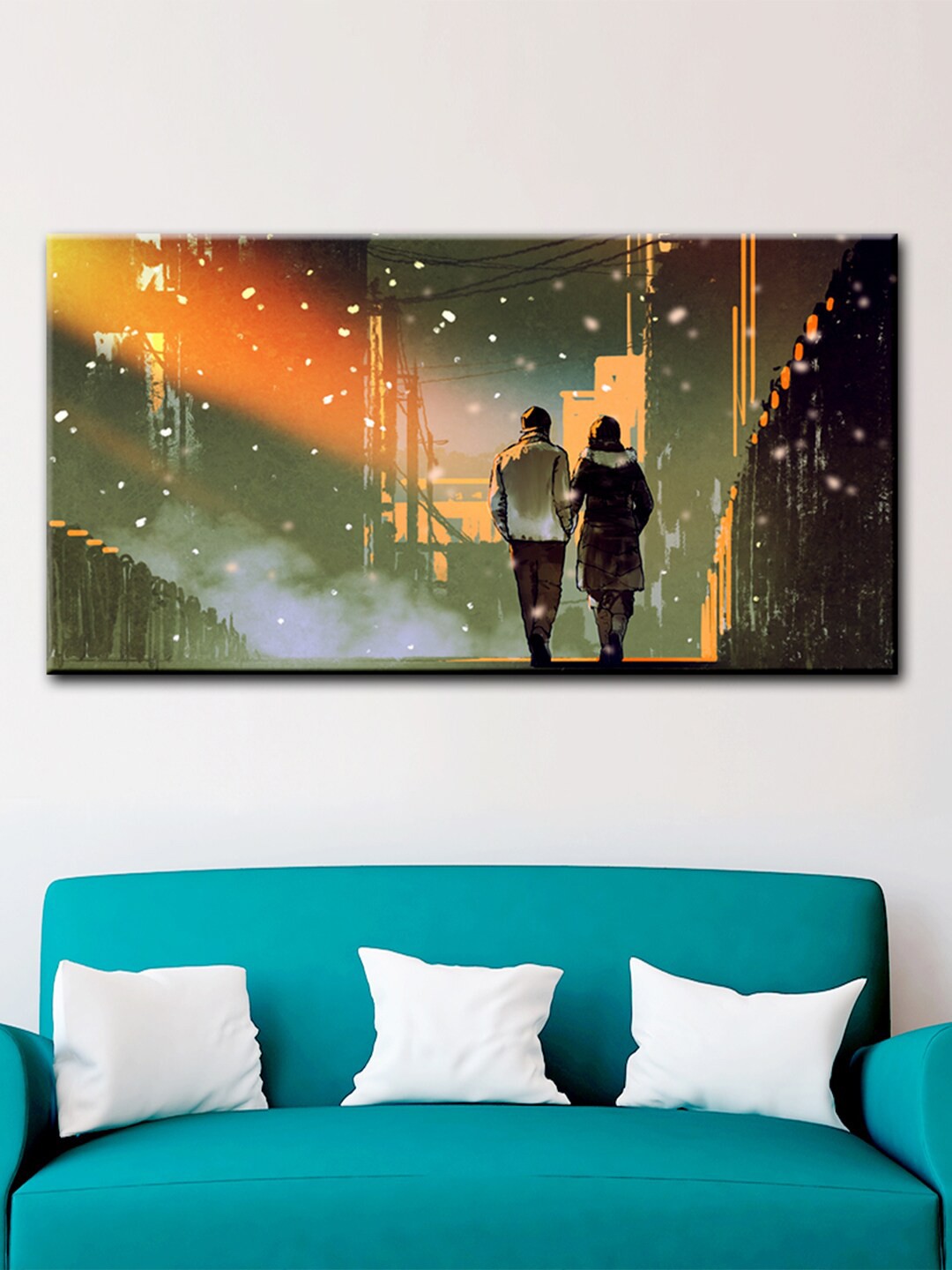 

WALLMANTRA Multicoloured Couple In City Beautiful Scenery Canvas Printed Painting, Multi