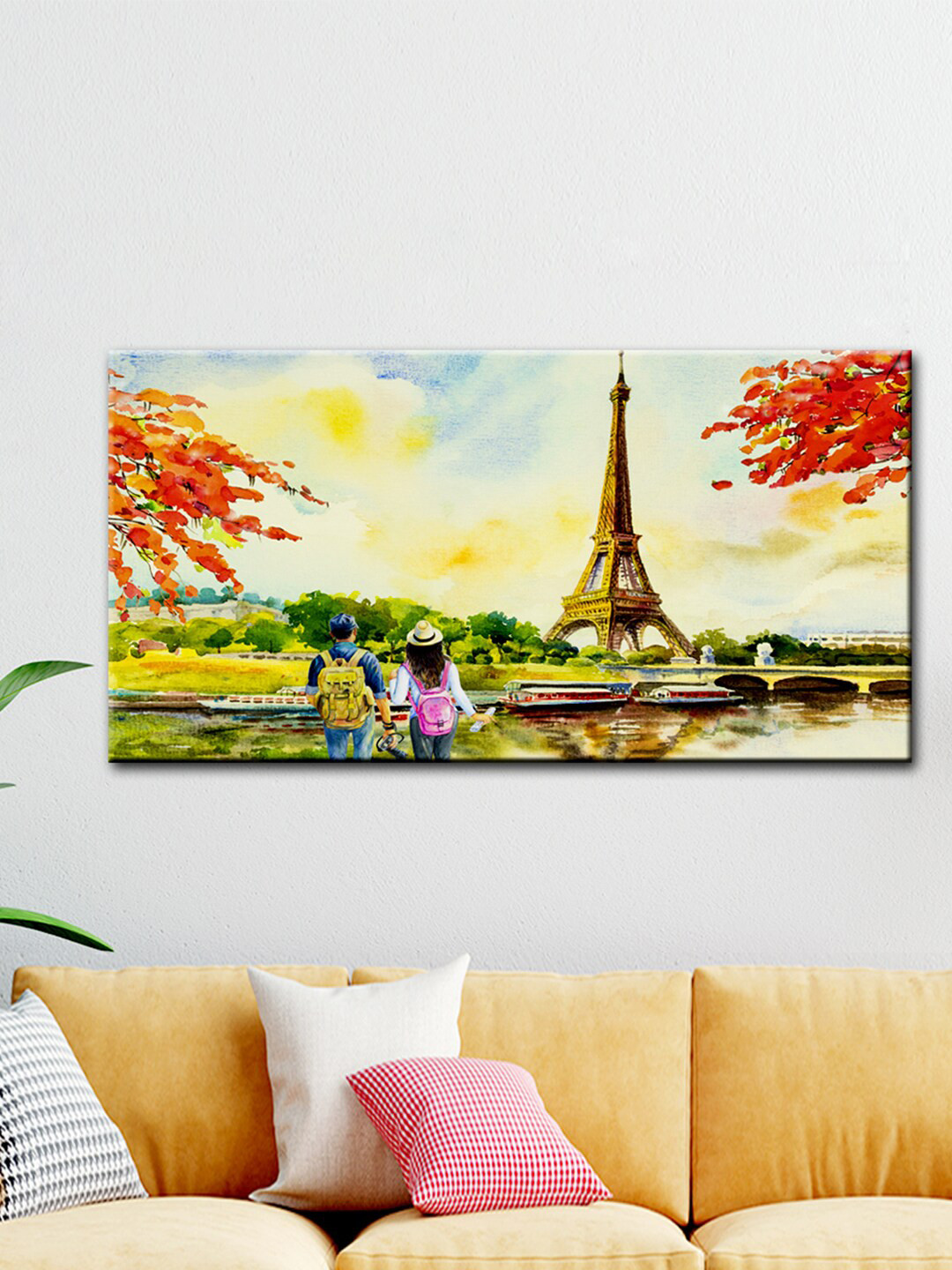 

WALLMANTRA Yellow & Green Couple In Paris Scenery Canvas Printed Painting