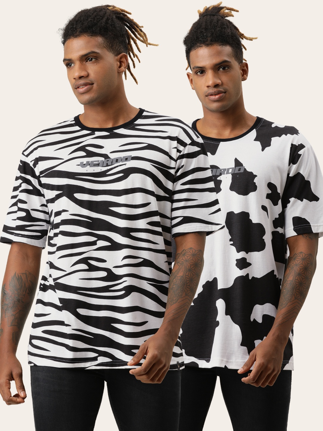 

VEIRDO Men Pack of 2 White Black Animal Printed Loose Pure Cotton T-shirt