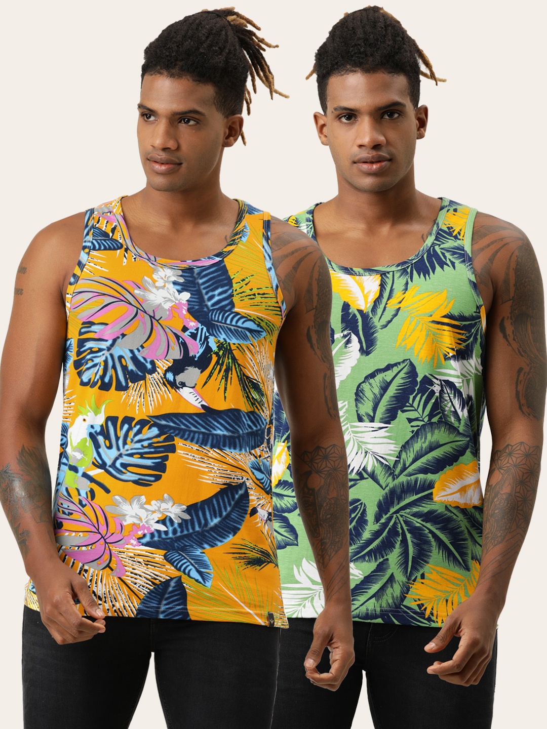 

VEIRDO Men Pack of 2 Multicoloured Tropical Printed Pure Cotton T-shirt, Multi