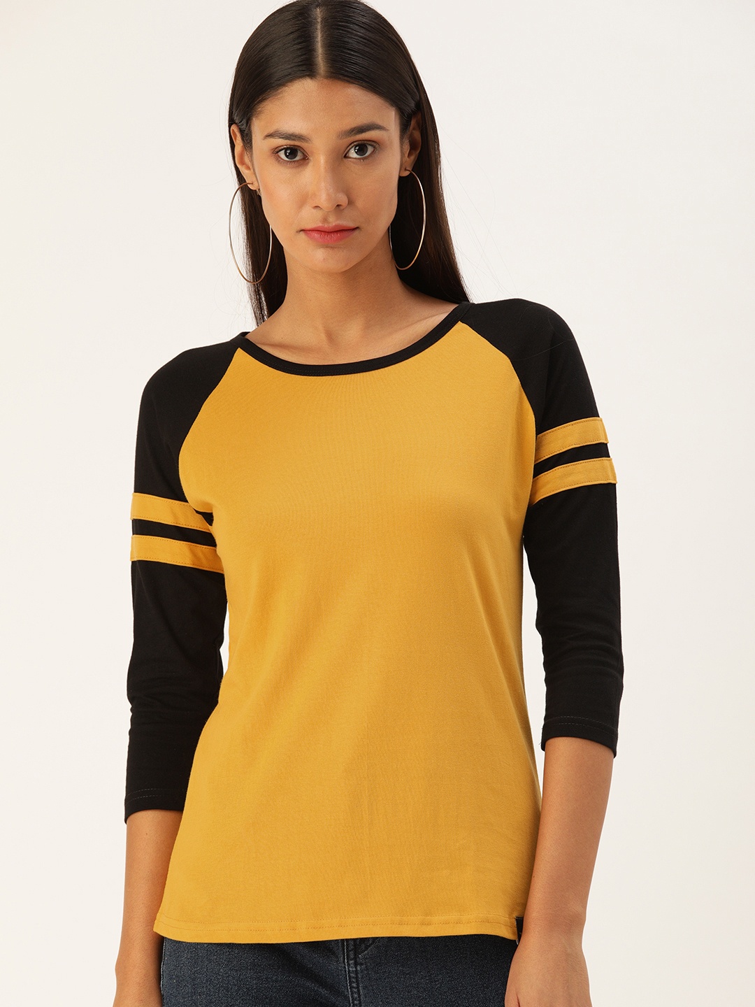 

VEIRDO Women Mustard Yellow & Black Solid Round Neck T-shirt