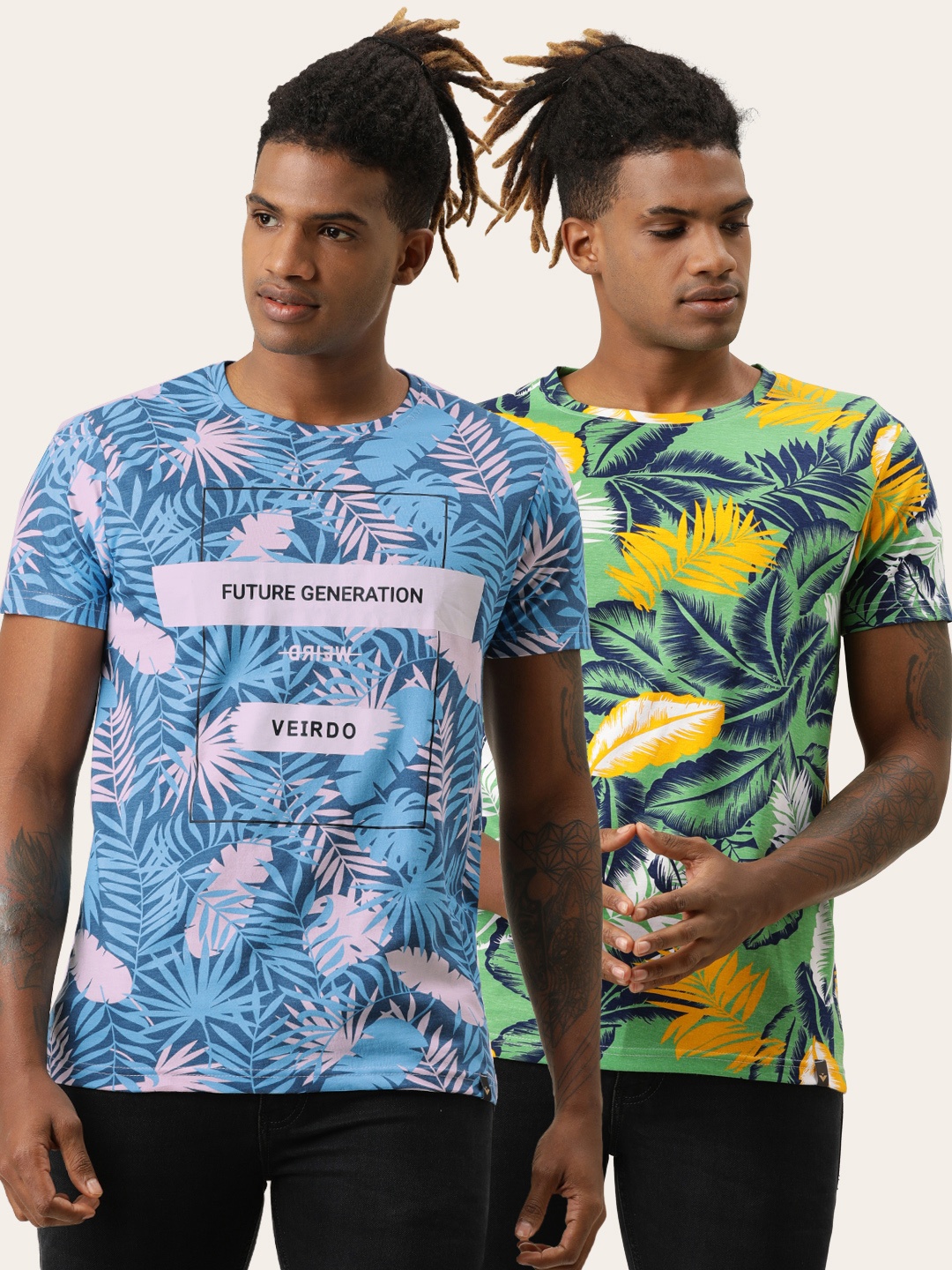 

VEIRDO Men Pack of 2 Blue Green Tropical Printed Pure Cotton T-shirt