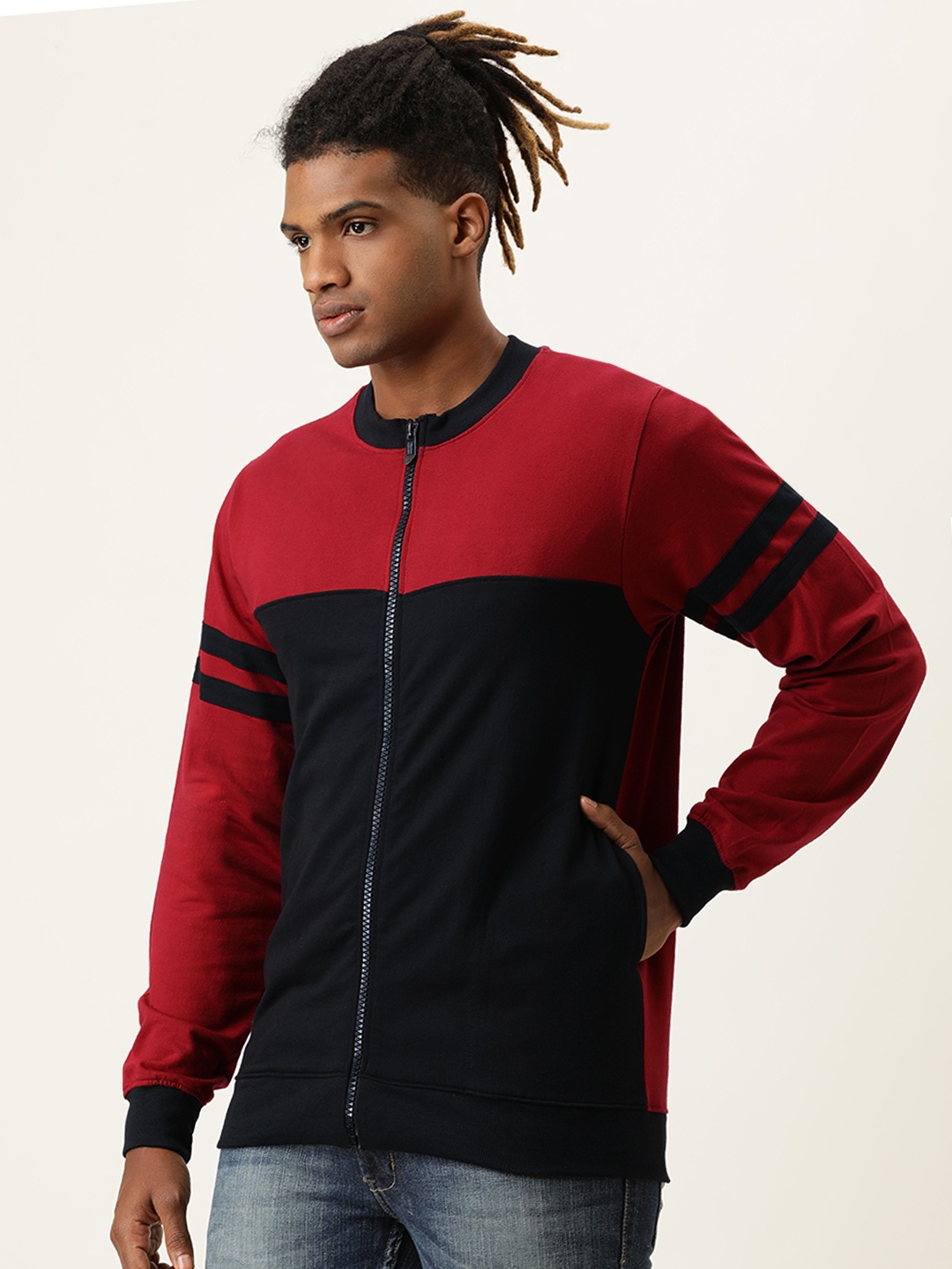 

VEIRDO Men Maroon & Black Colourblocked Lightweight Biker Jacket
