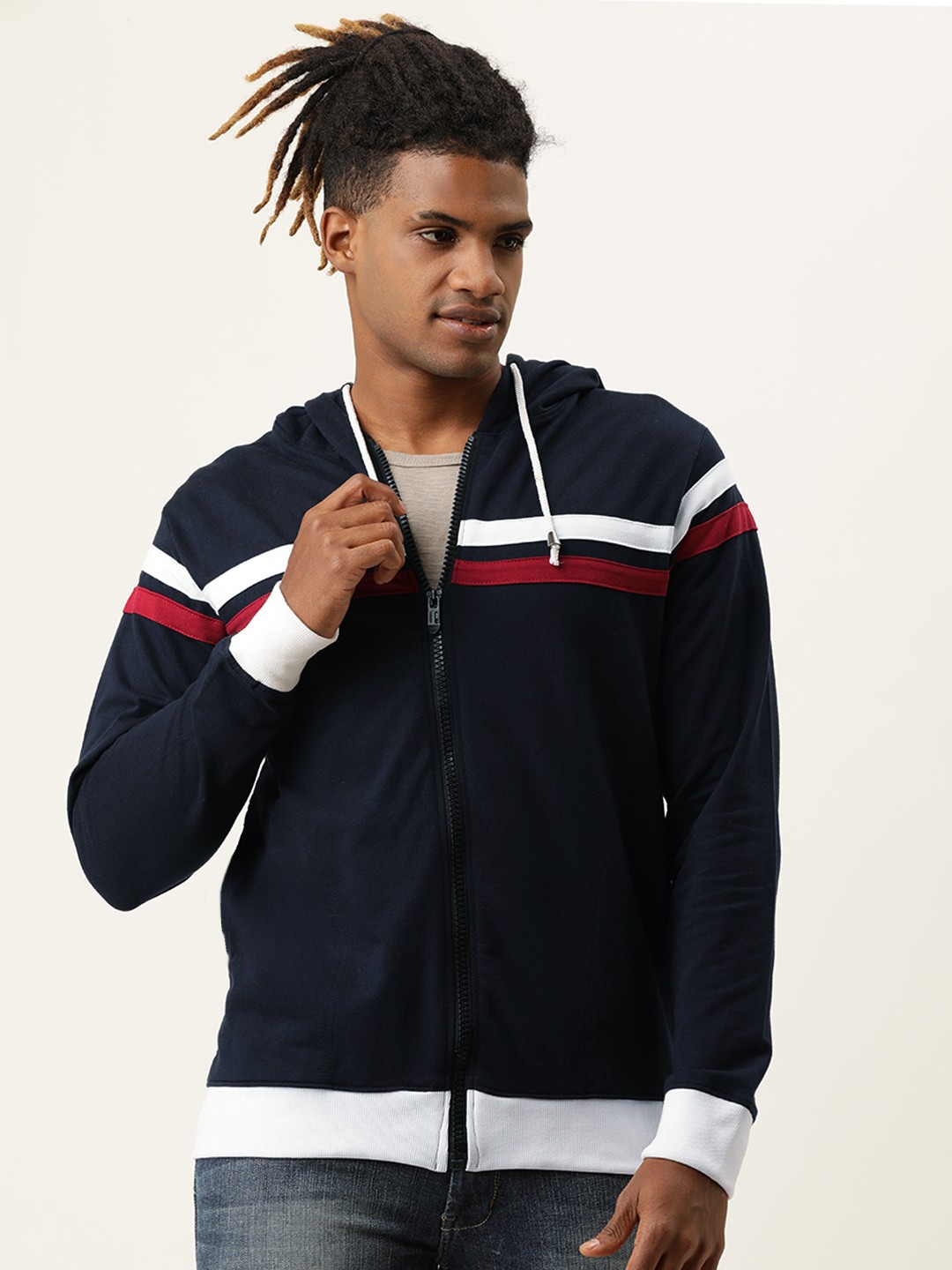 

VEIRDO Men Navy Blue & White Striped Lightweight Cape Jacket
