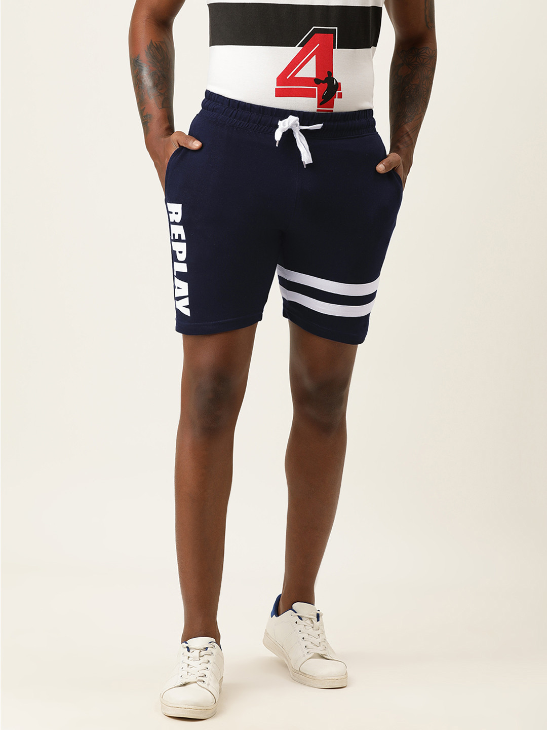 

VEIRDO Men Navy Blue Typography Printed Mid-Rise Sports Shorts