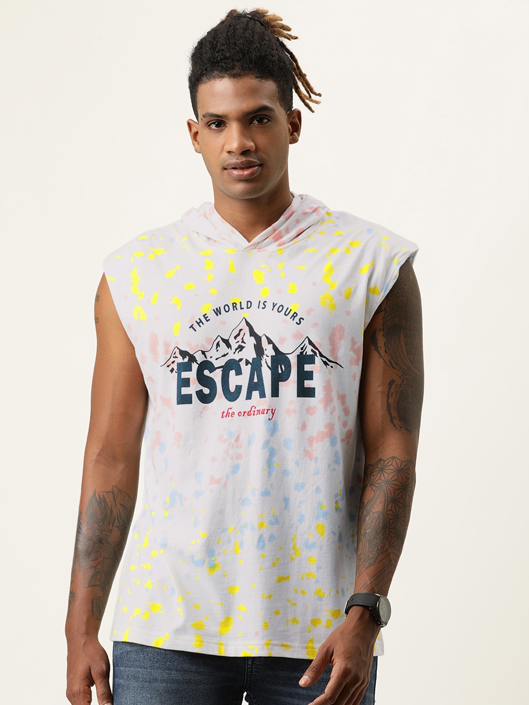 

VEIRDO Men Multicoloured Tie and Dye Hooded T-shirt with Printed Detail, Multi