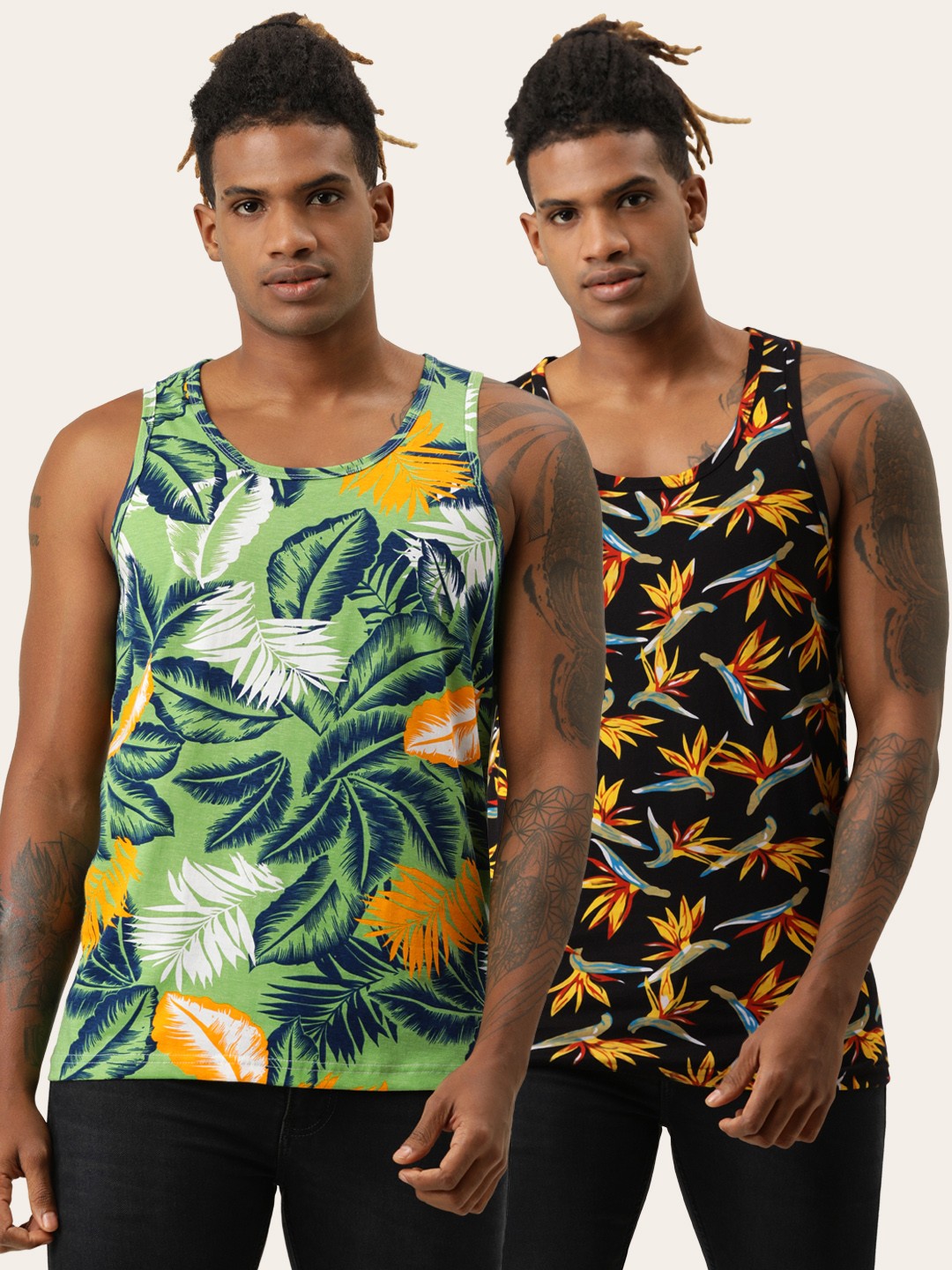 

VEIRDO Men Oack of 2 Green Black Tropical Printed Pure Cotton T-shirt