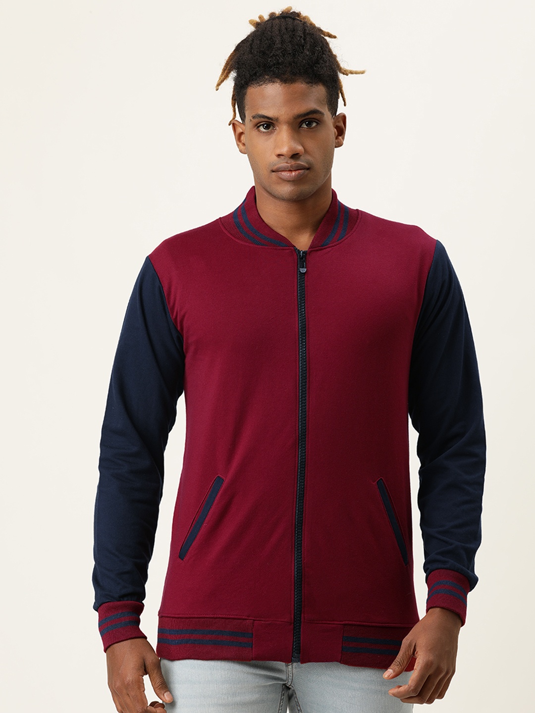 

VEIRDO Men Maroon & Blue Colourblocked Lightweight Biker Jacket