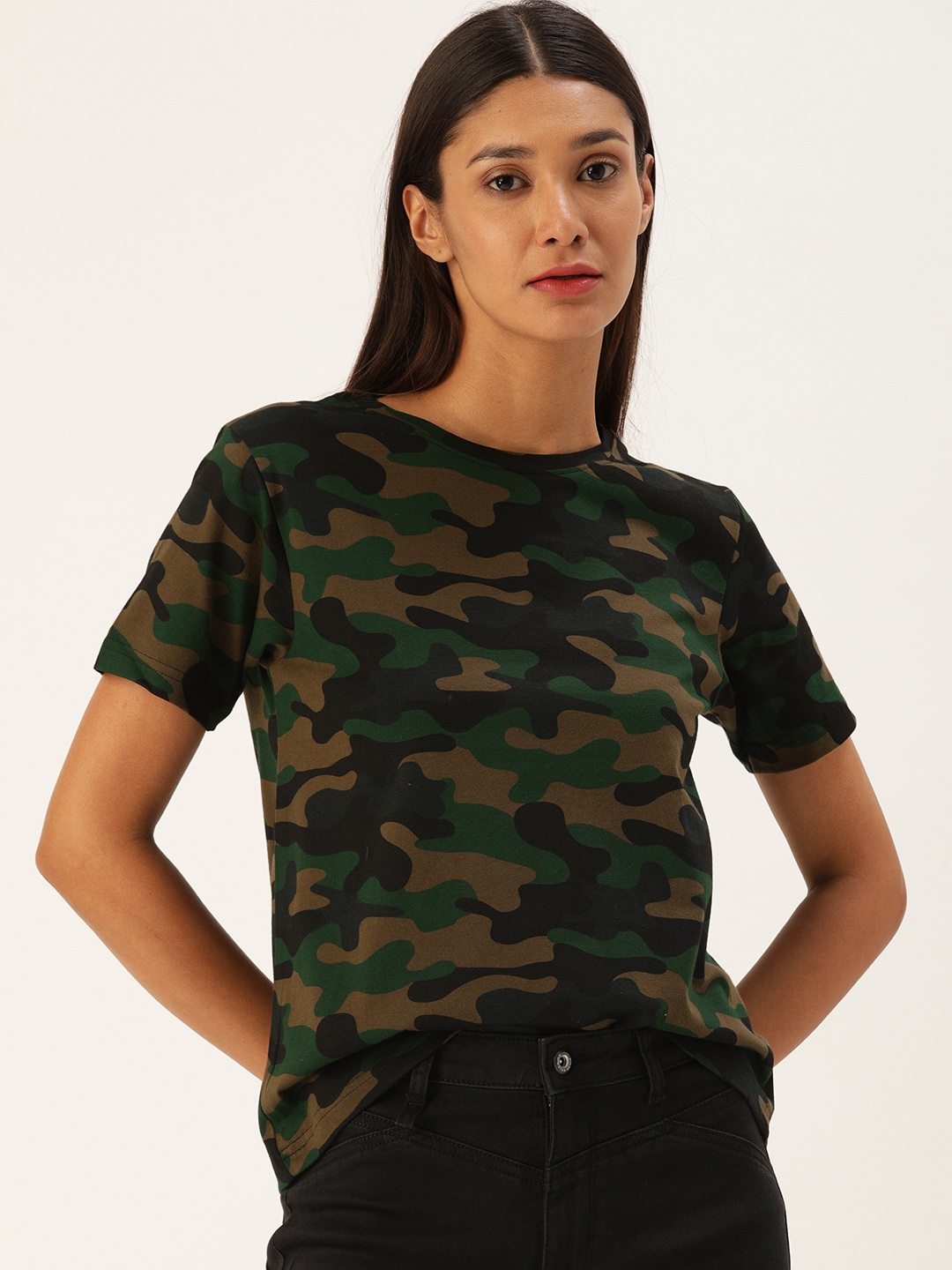 

VEIRDO Women Olive Green & Black Camouflage Print Round Neck T-shirt