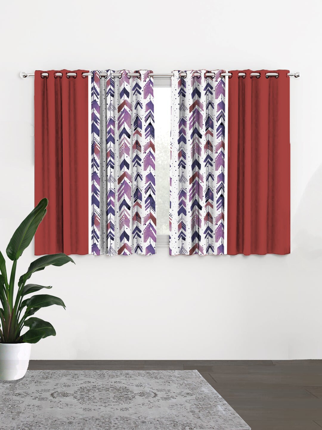 

HOUZZCODE Maroon & White Set of 4 Black Out Window Curtain