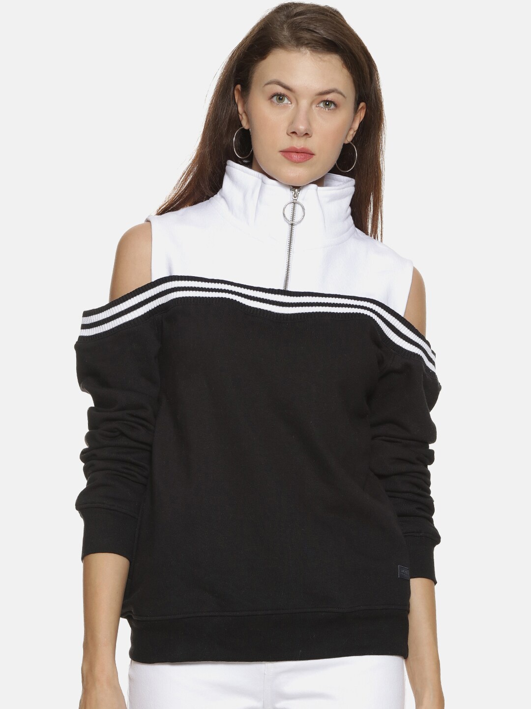 

Campus Sutra Women Black & White Pure Cotton Colourblocked High Neck Sweatshirt