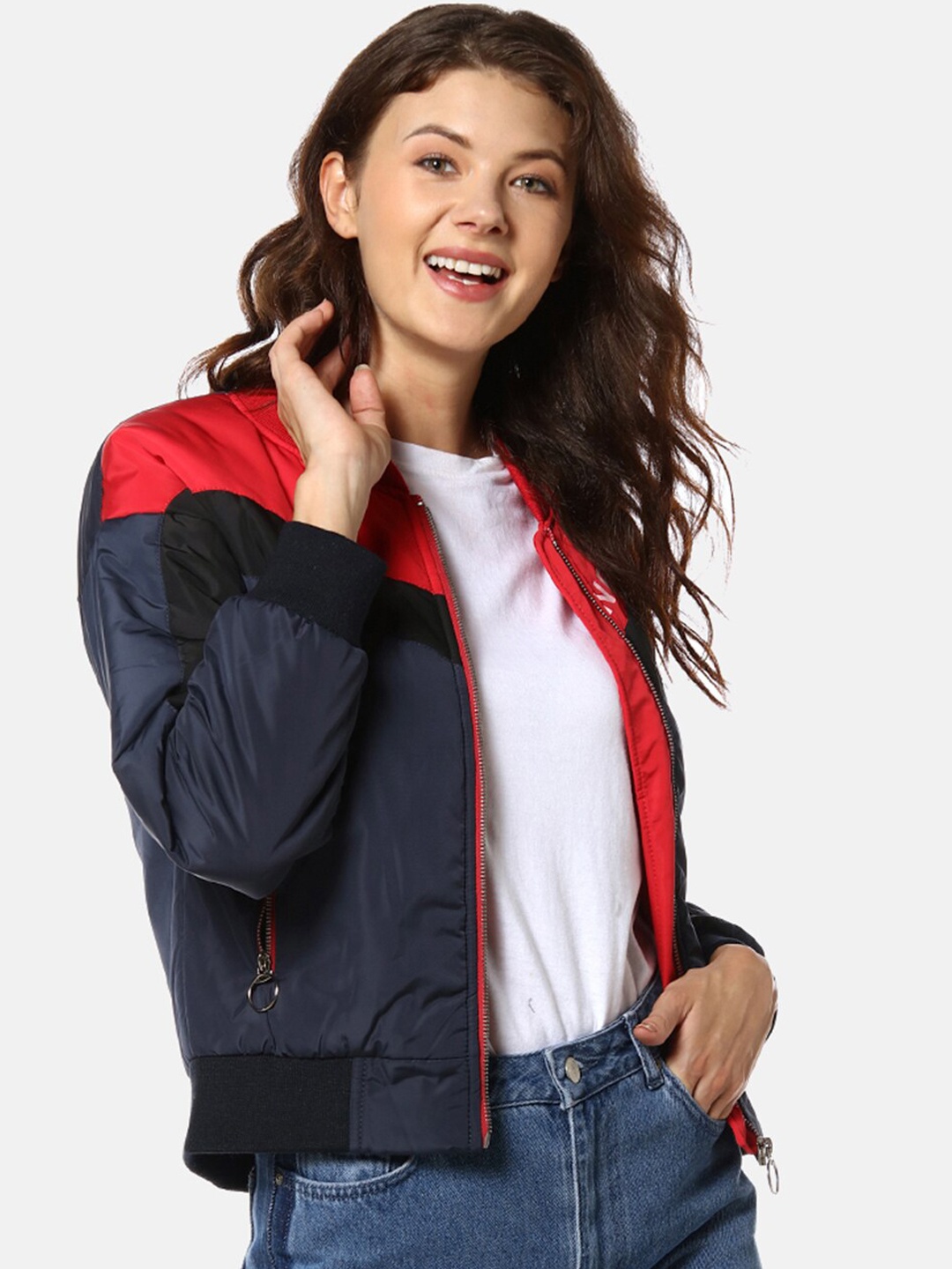 

Campus Sutra Women Blue & Red Colourblocked Windcheater Bomber Jacket