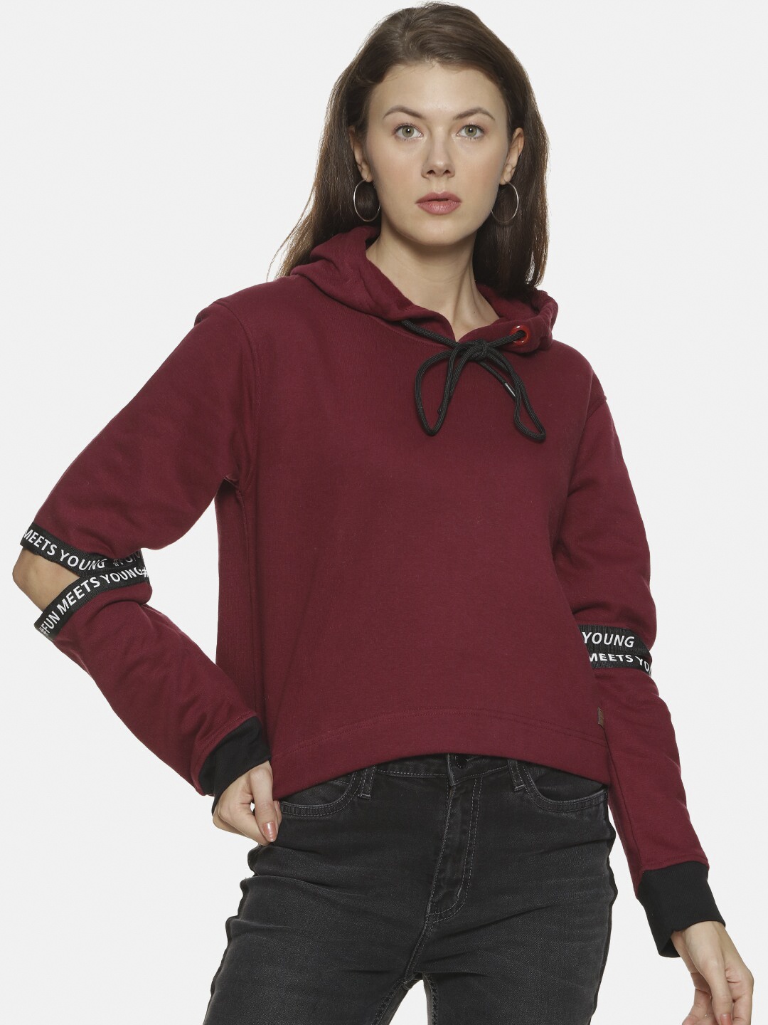 

Campus Sutra Women Red Hooded Pure Cotton Sweatshirt