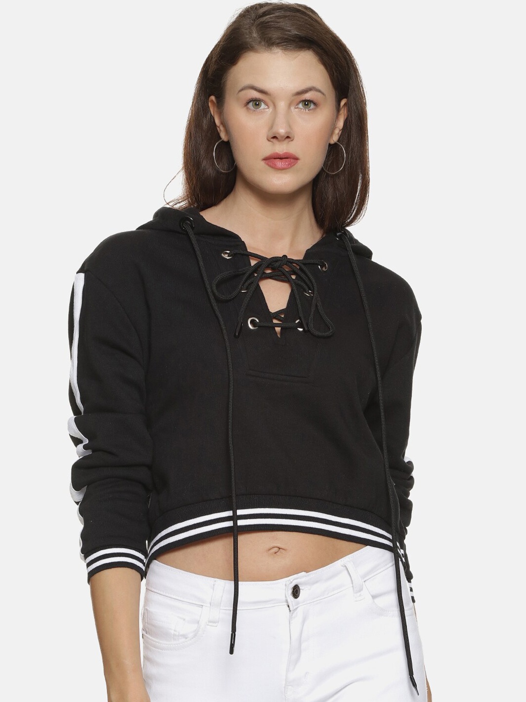 

Campus Sutra Women Black Hooded Pure Cotton Cropped Pullover Sweatshirt