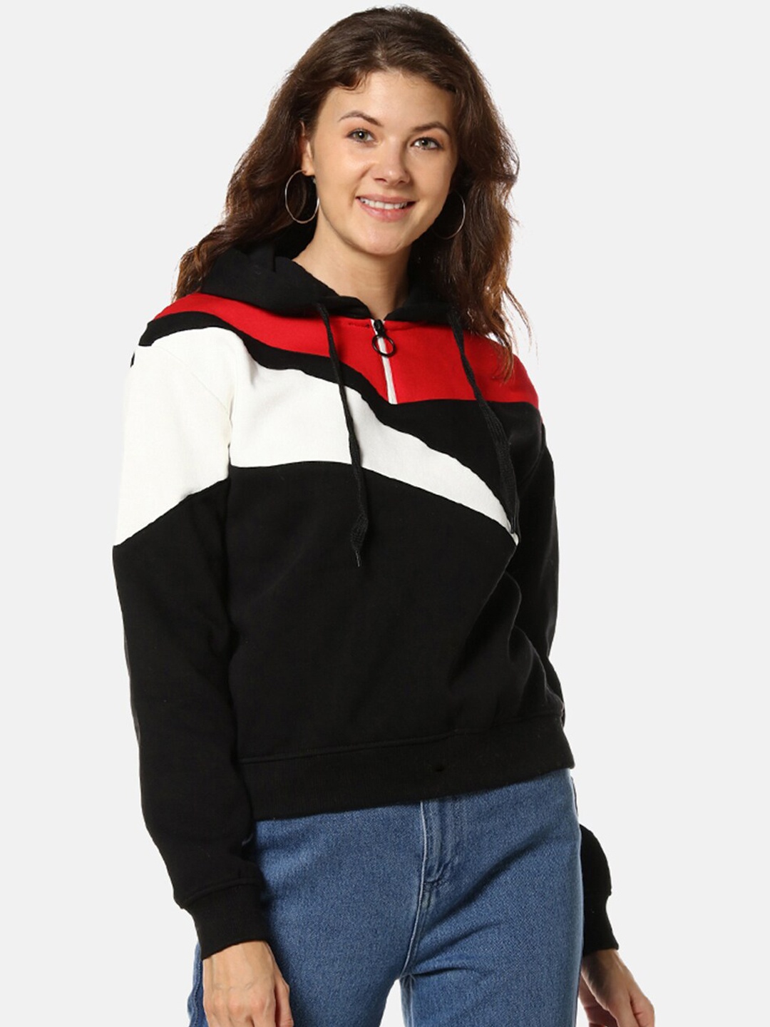 

Campus Sutra Women Black Colourblocked Hooded Sweatshirt