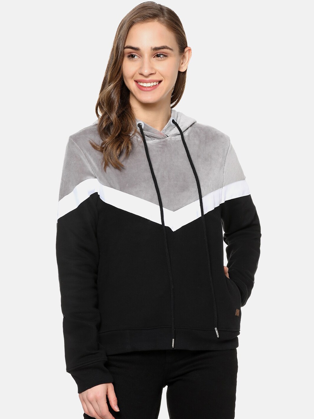 

Campus Sutra Women Black Colourblocked Hooded Pure Cotton Sweatshirt