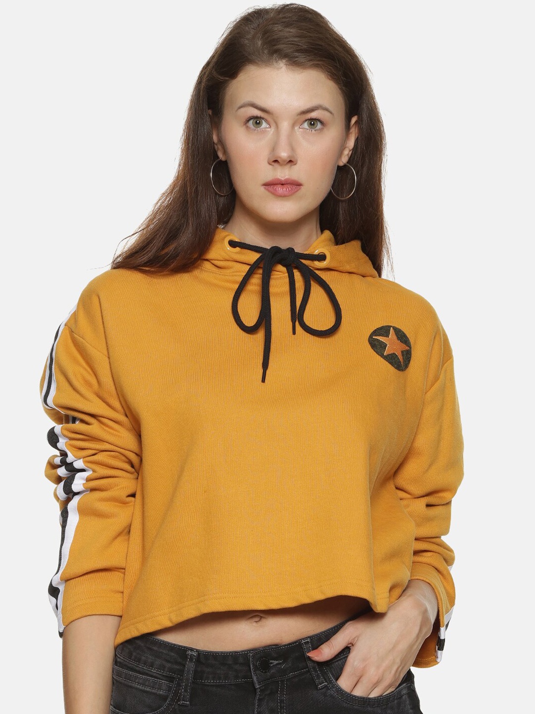 

Campus Sutra Women Yellow Hooded Crop Sweatshirt