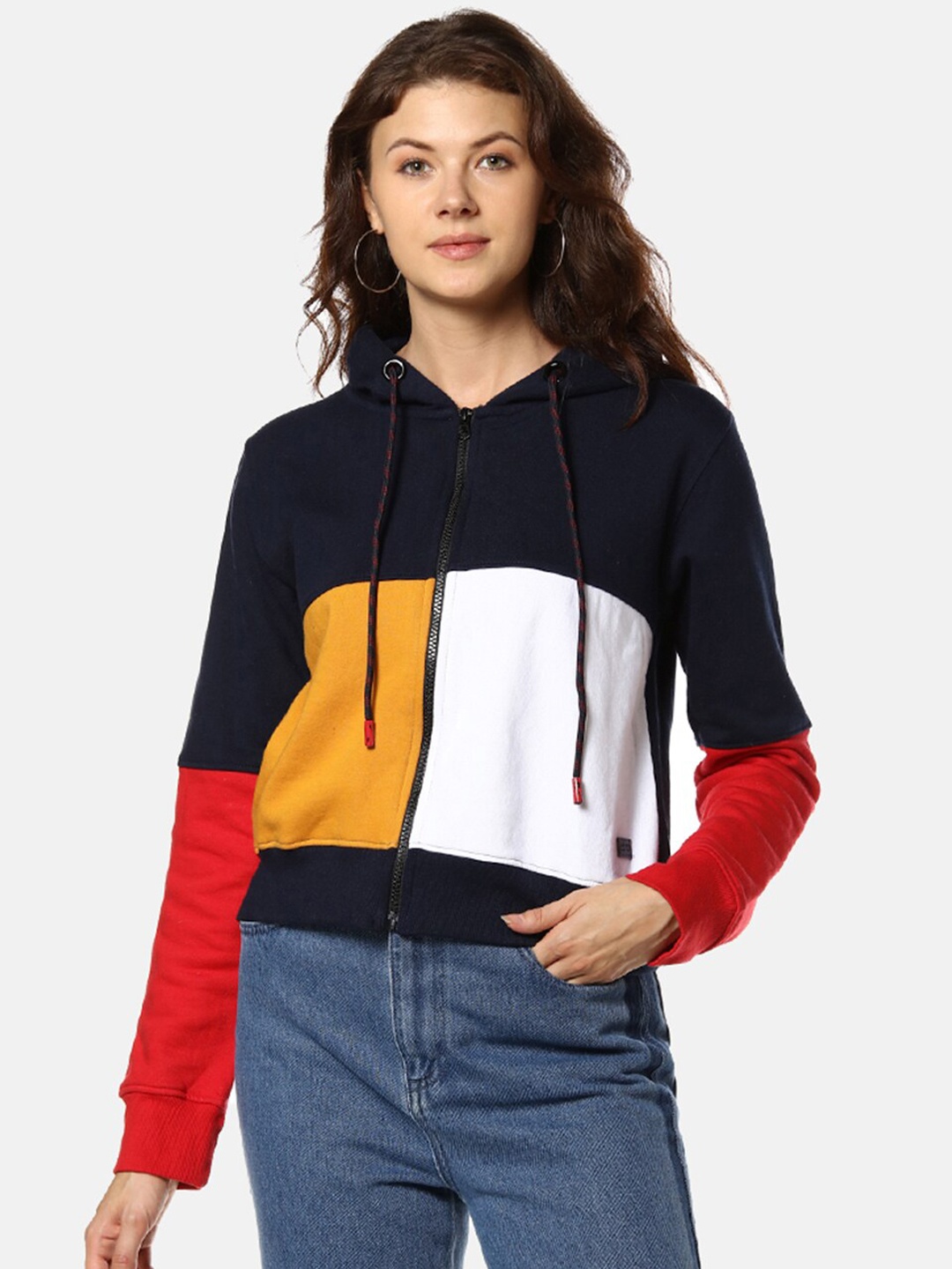 

Campus Sutra Women Blue Colourblocked Hooded Sweatshirt