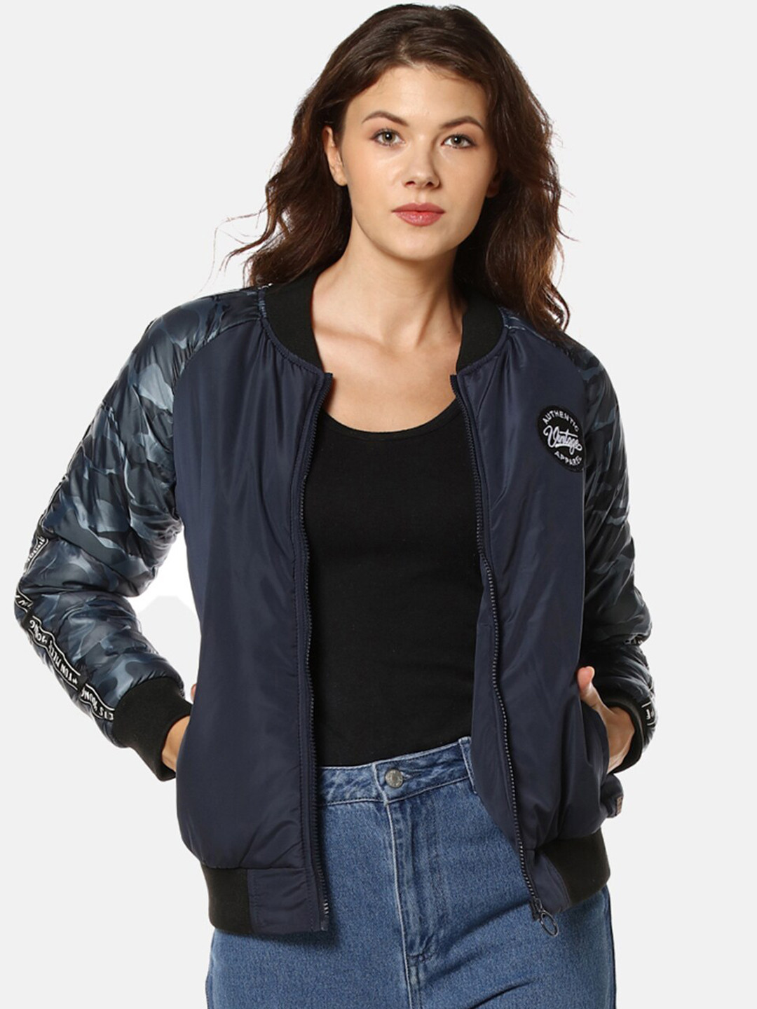 

Campus Sutra Women Blue Camouflage Printed Windcheater Bomber Jacket