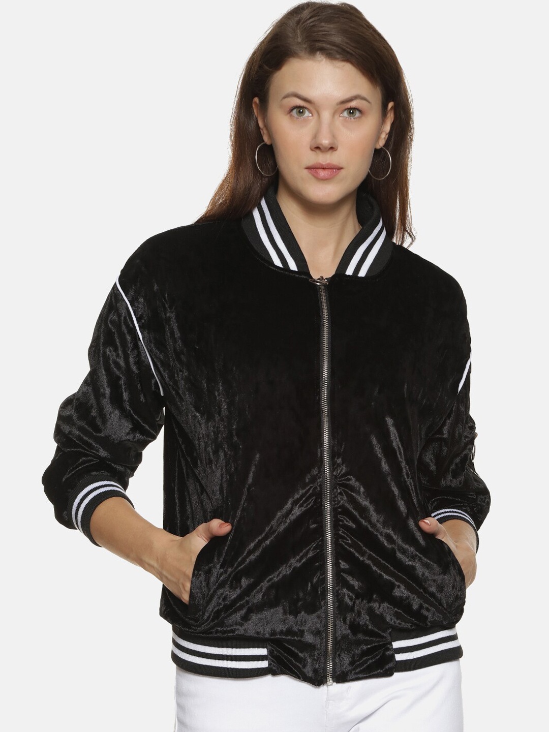 

Campus Sutra Women Black Windcheater Bomber Jacket