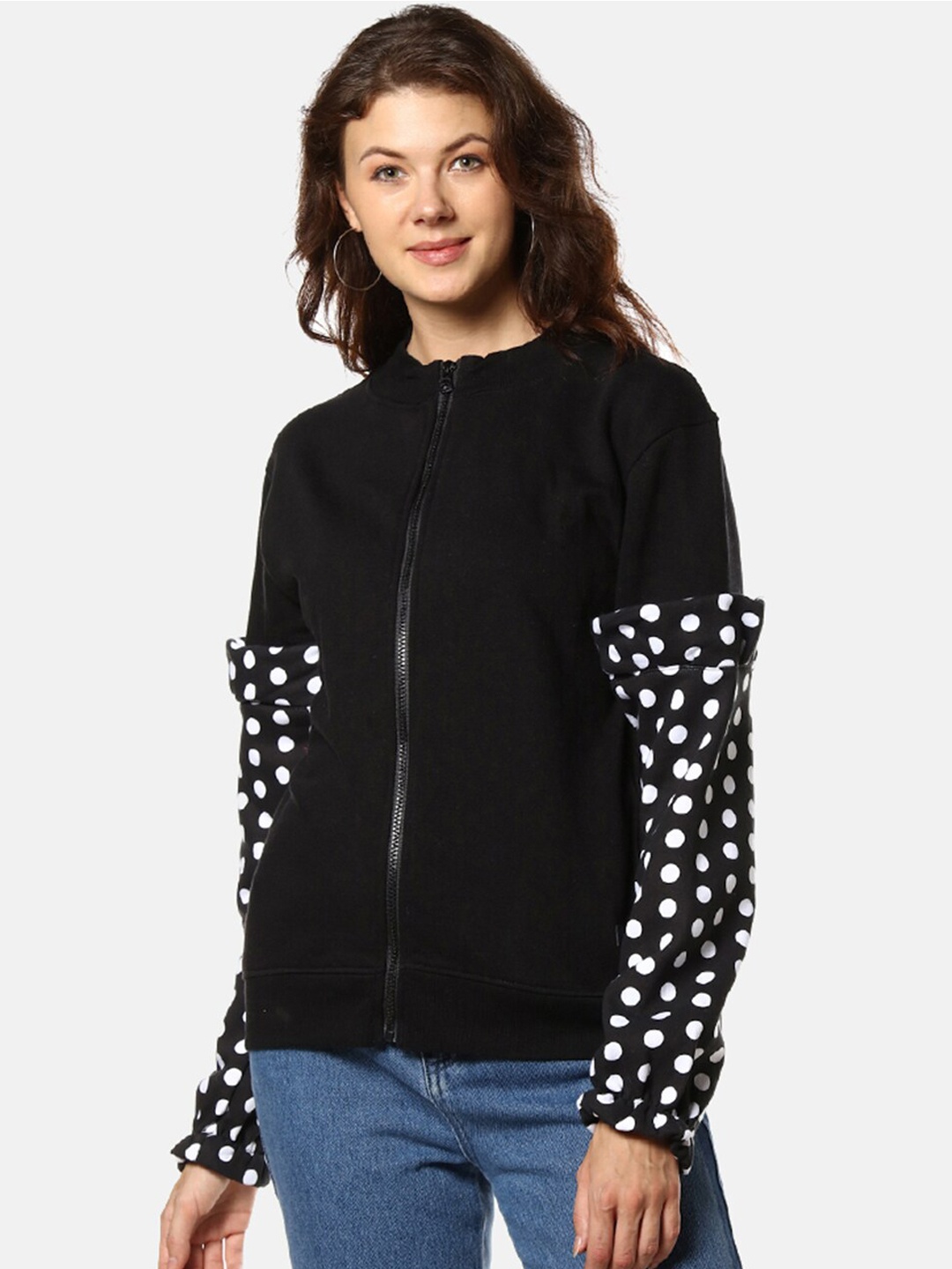 

Campus Sutra Women Black & White Polka Dots Printed Sleeves Sweatshirt